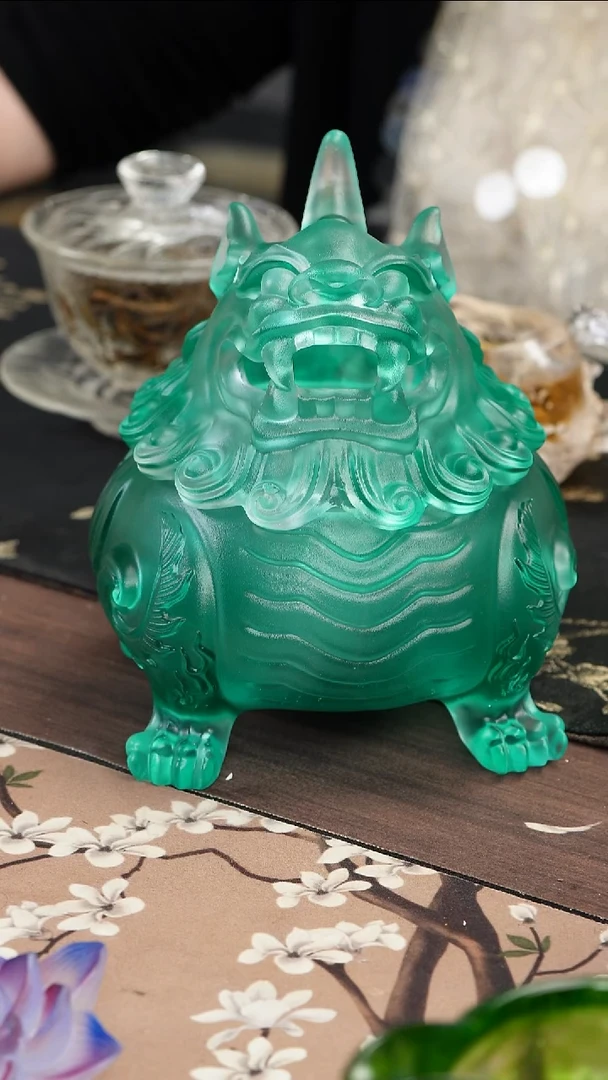 琉璃手工艺品S*Y湖蓝色狻猊香炉大号