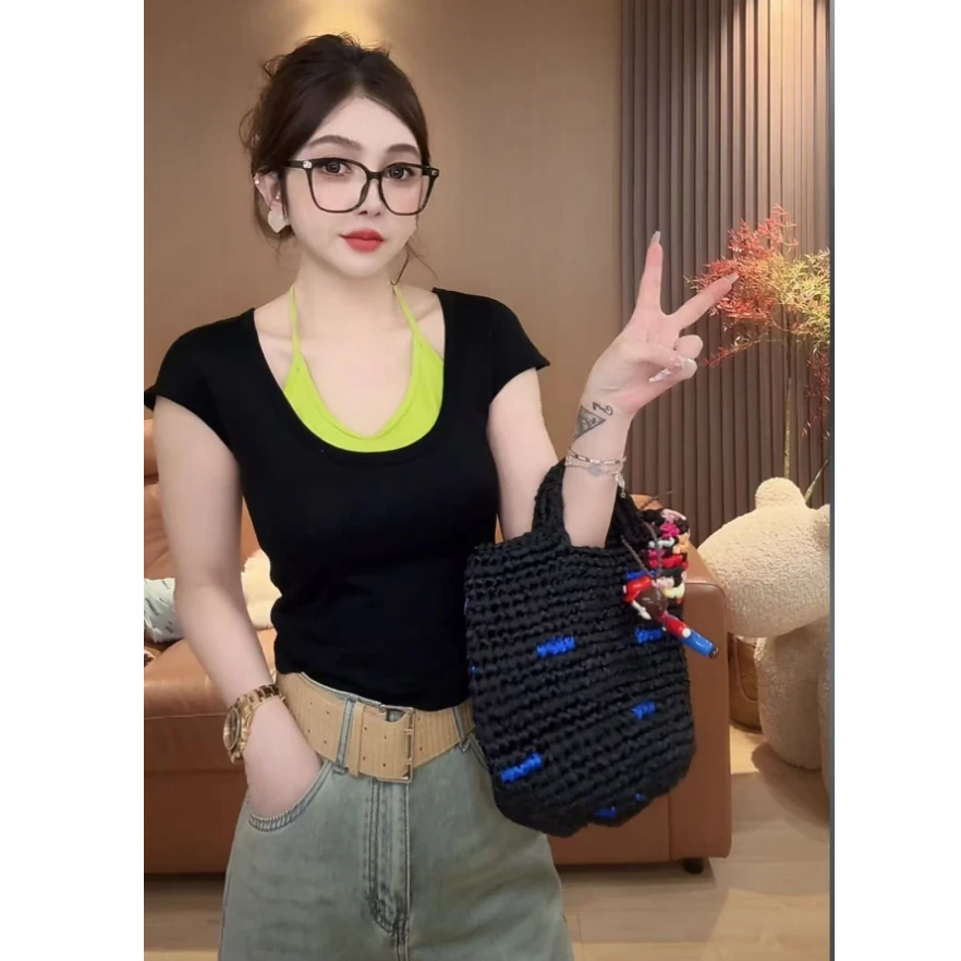 D22 设计感修身显瘦真两件吊带短袖T恤 ED2205