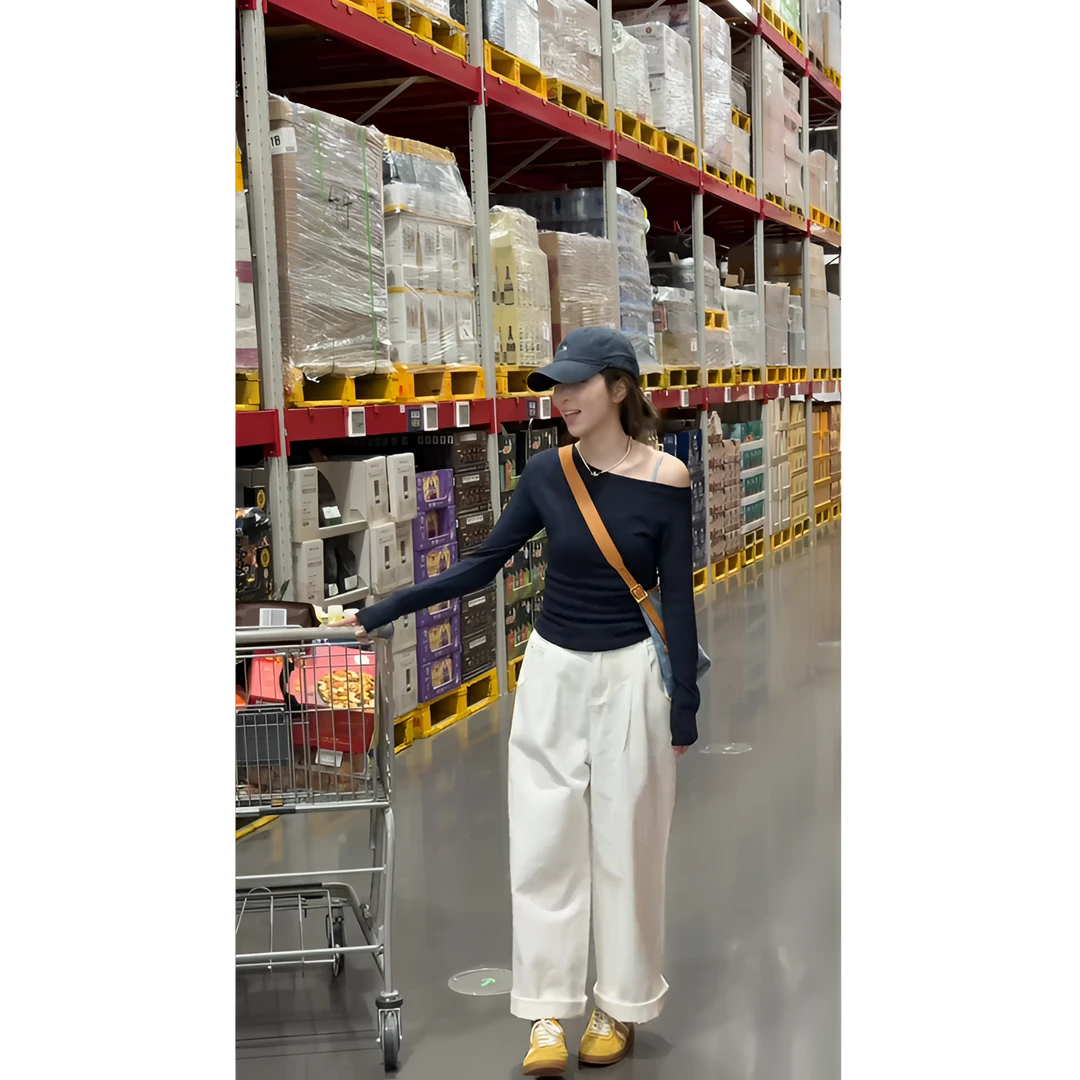 MARIE.COCO春夏季露肩一字肩长袖t恤女网红韩系百搭阔腿裤两件套