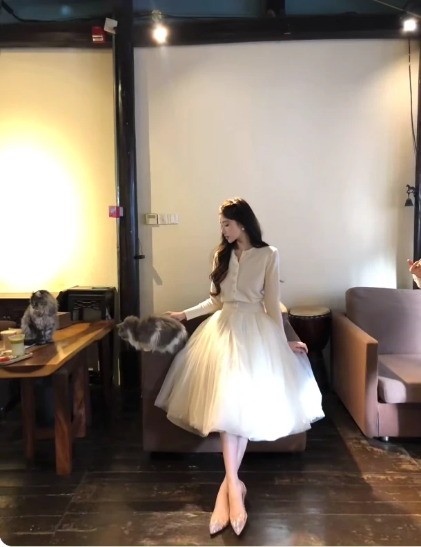 长袖圆领毛衫美利修身保暖上衣开衫女秋冬新款显瘦网纱半裙两件套