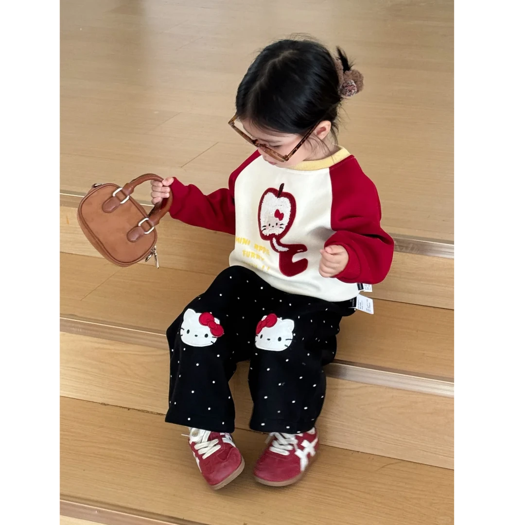 壹妈韩版童装女童秋季套装洋气儿童时髦休闲拼色kt猫卫衣波点裤子