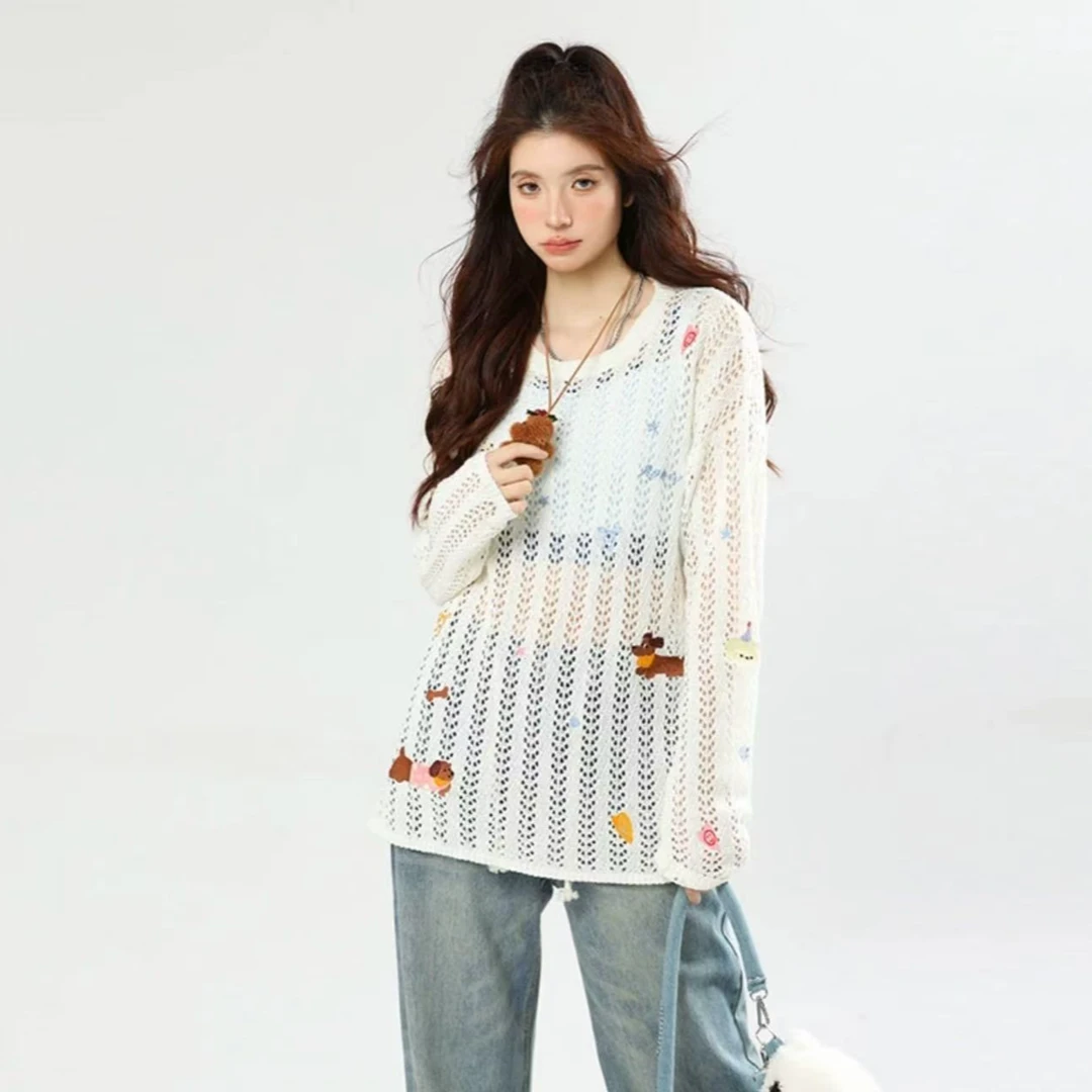薄款镂空针织衫上衣宽松长袖新款腊肠狗慵懒设计罩衫夏季针织防晒