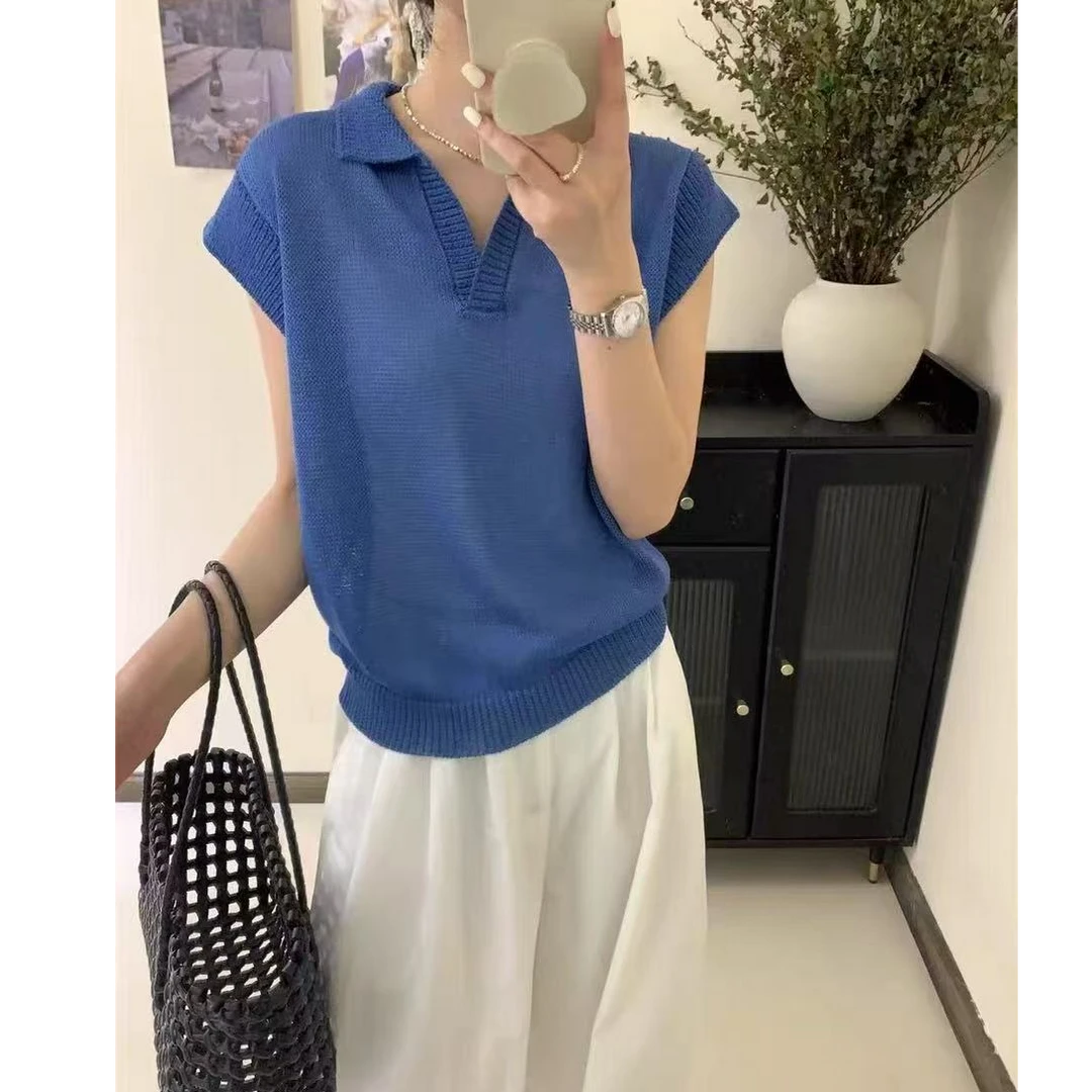 【孔雀蓝】韩系天丝亚麻小方领时尚简约针织衫夏季百搭小衫薄上衣