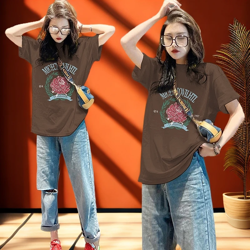 2025夏季新款纯棉宽松大码显瘦遮肉上衣潮流休闲时尚百搭短袖T恤