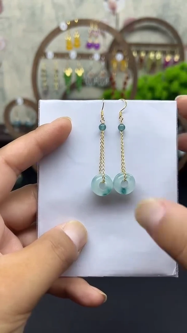 银S925镶嵌石英质玉（天山翠）耳饰004面包平安扣