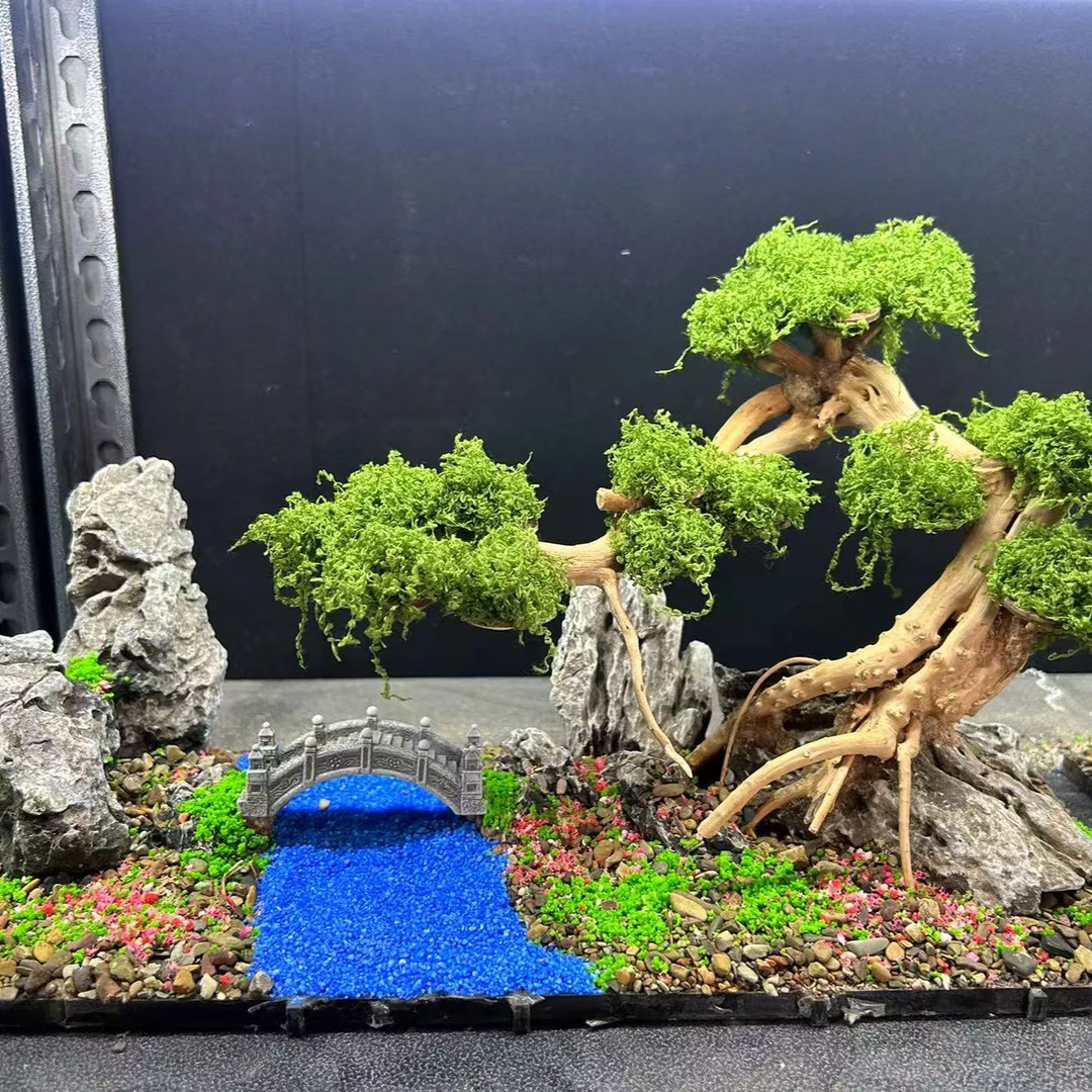 成品莫斯树水族箱鱼缸造景迎客松沉木造景