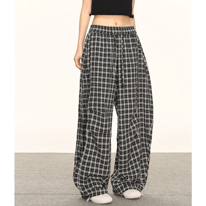 anna aneae格子弯刀阔腿裤女夏季低腰慵懒宽松休闲裤直筒拖地长裤