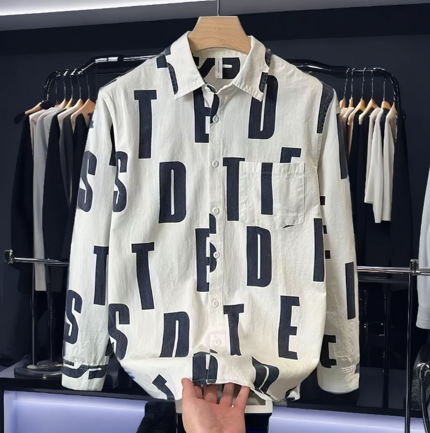 纯棉男装百搭春秋款时尚衬衫秋季休闲宽松帅气长袖印花衬衣2181