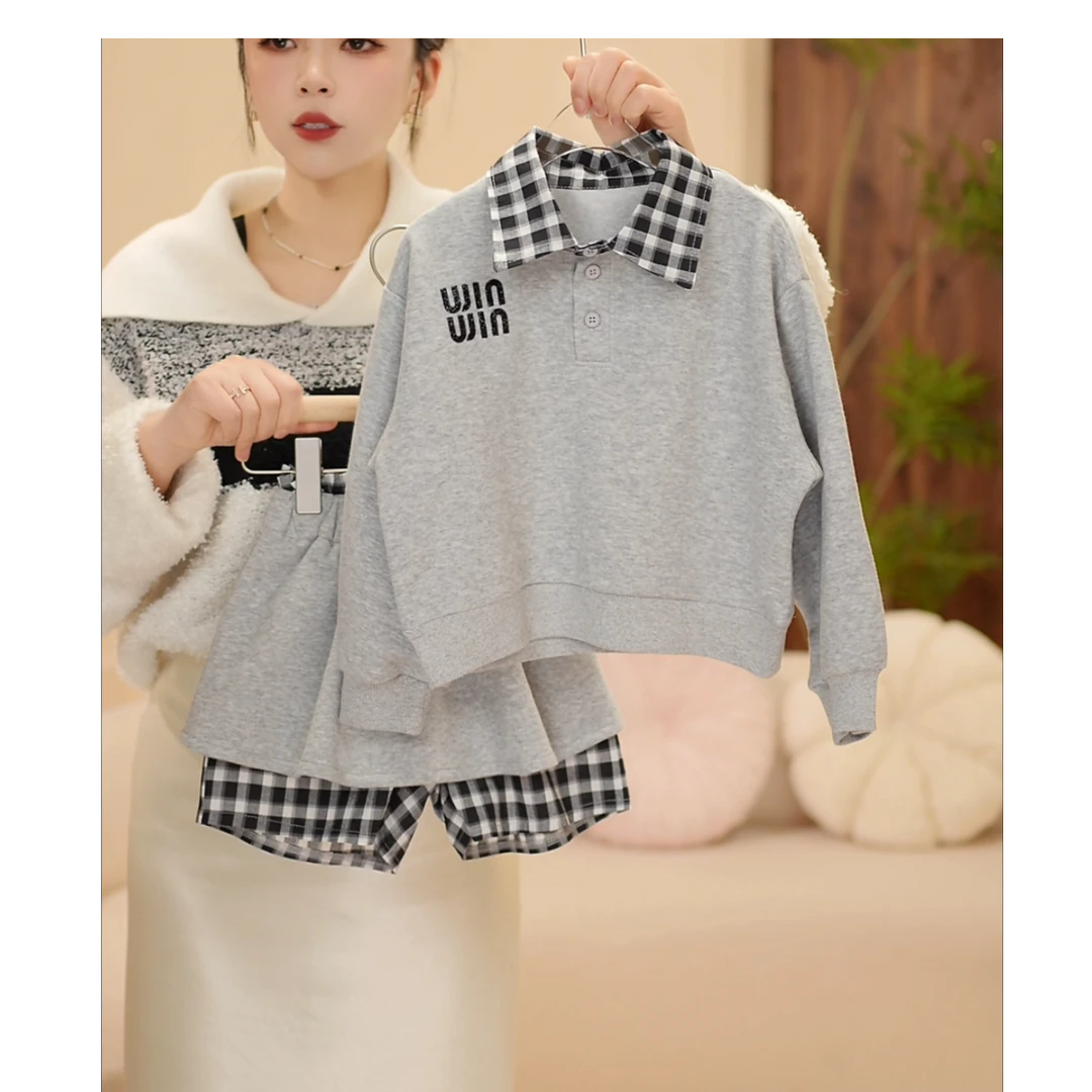 2025春季女童新款纯色洋气套装时尚休闲韩版格子套装