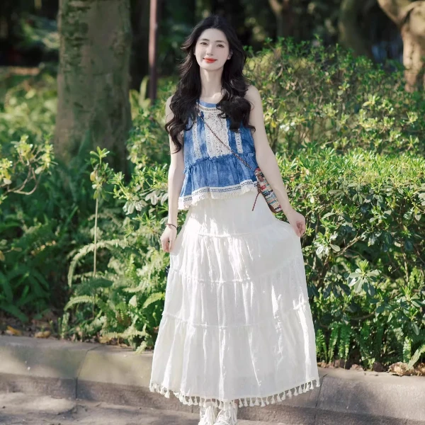 夏季波西米亚风套装女云南大理度假蓝色扎染吊带背心半身裙两件套