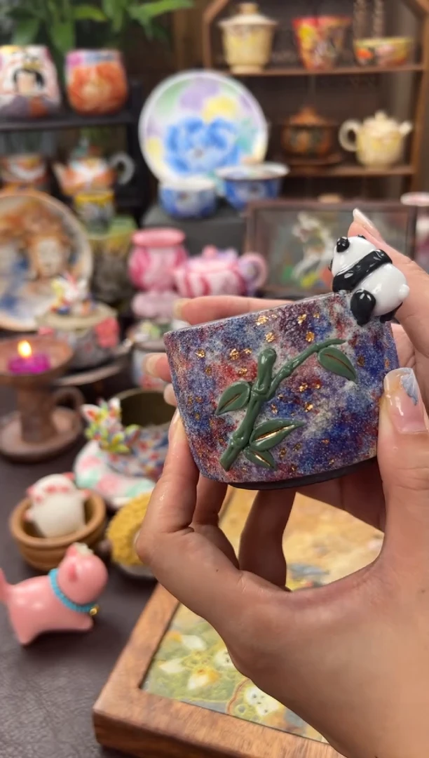 上古龙窑彩矿岩泥熊猫缸杯