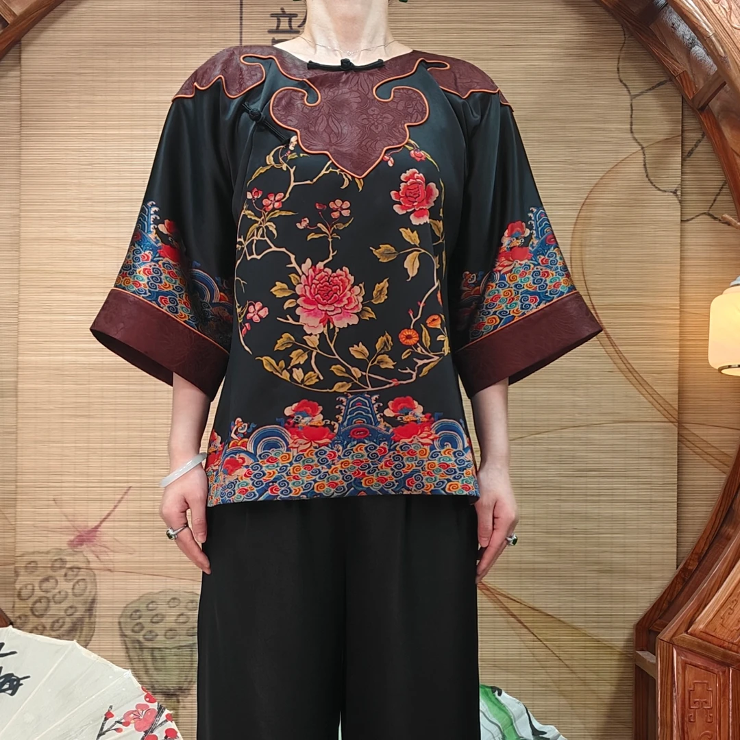 60姆米重缎100桑蚕丝香云纱富贵牡丹六合如意气质太太服新中式