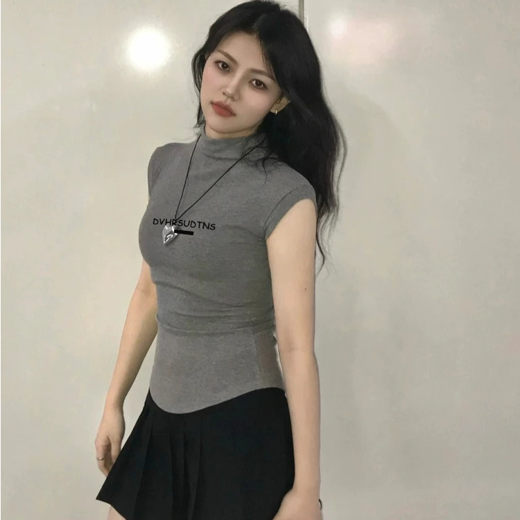 夏季新款灰色无袖收腰T恤短袖修身显瘦高级感百搭设计感短款上衣