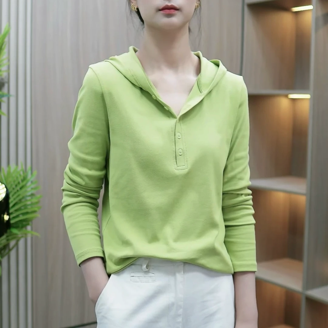 春夏季新款连帽卫衣女宽松显瘦上衣百搭休闲女士纽扣打底长袖T恤