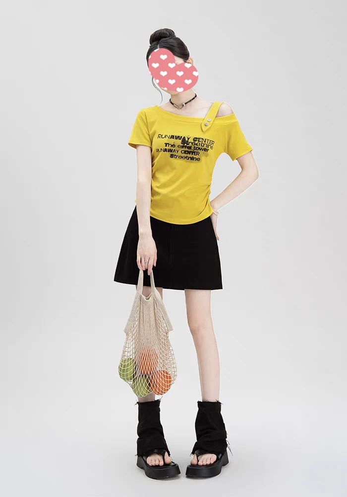 一字领常规款吸汗字母短袖T恤显瘦套装莫奈花园风161756