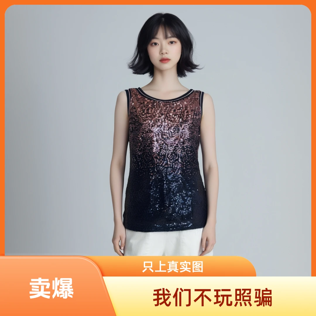 无修图剪吊牌轻奢全亮片夏季大众显瘦女背心上衣无袖渐变色B032