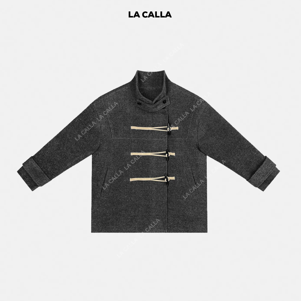 LA CALLA角扣大衣灰色秋冬季复古毛呢中式搭扣外套OY1622