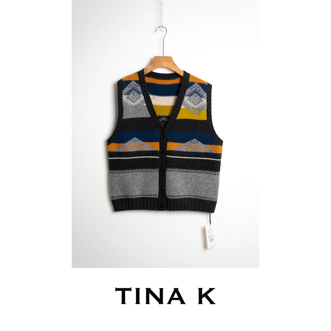 TinaK秋冬女士马甲全羊毛彩纱背心毛衣无袖马夹MJ225624