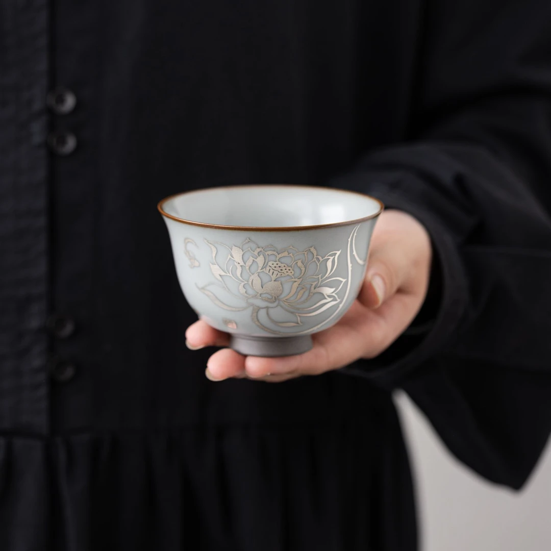 银荷韵反口杯复古家用陶瓷纯手工中式主人杯大号汝窑茶杯