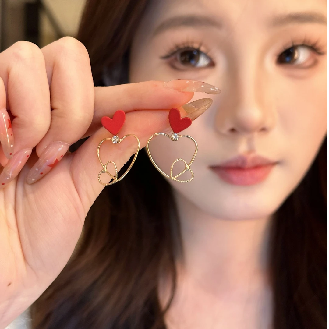 合金锆石耳饰 爱心连击可爱小众少女ins红色爱心百耳钉