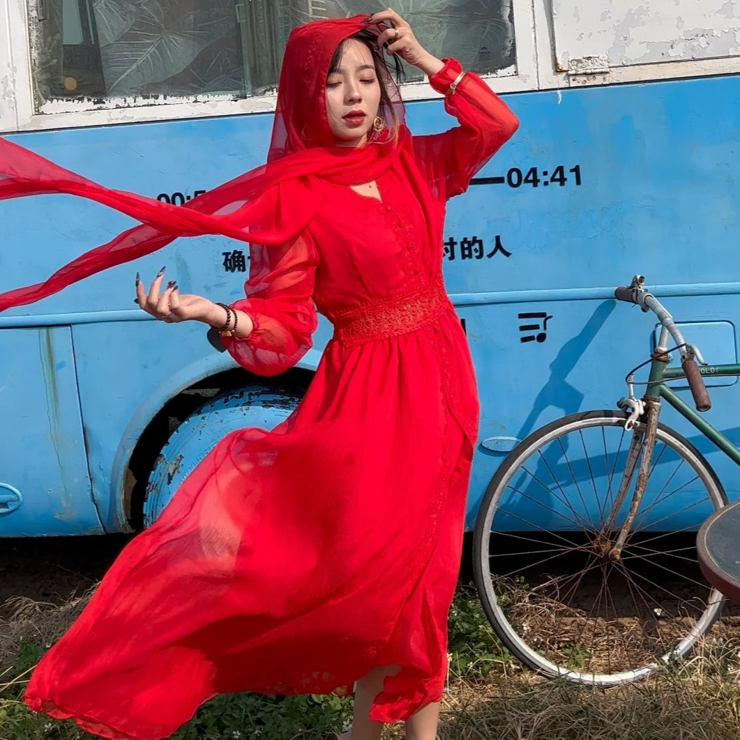 沙漠公主波西米亚风长袖多开叉裙沙漠海边连衣裙红色连衣裙