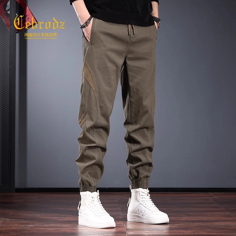 法国Cebrodz潮牌拼接休闲裤男秋季宽松束脚哈伦裤百搭美式工装裤