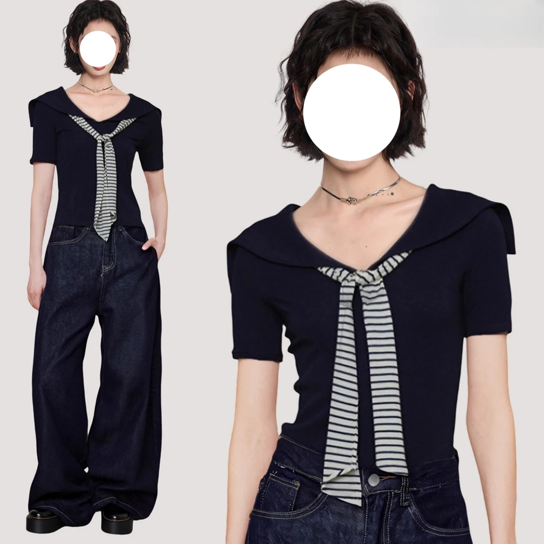 黑色海军领假两件正肩短袖t恤女夏季v领修身短款紧身披肩半袖上衣