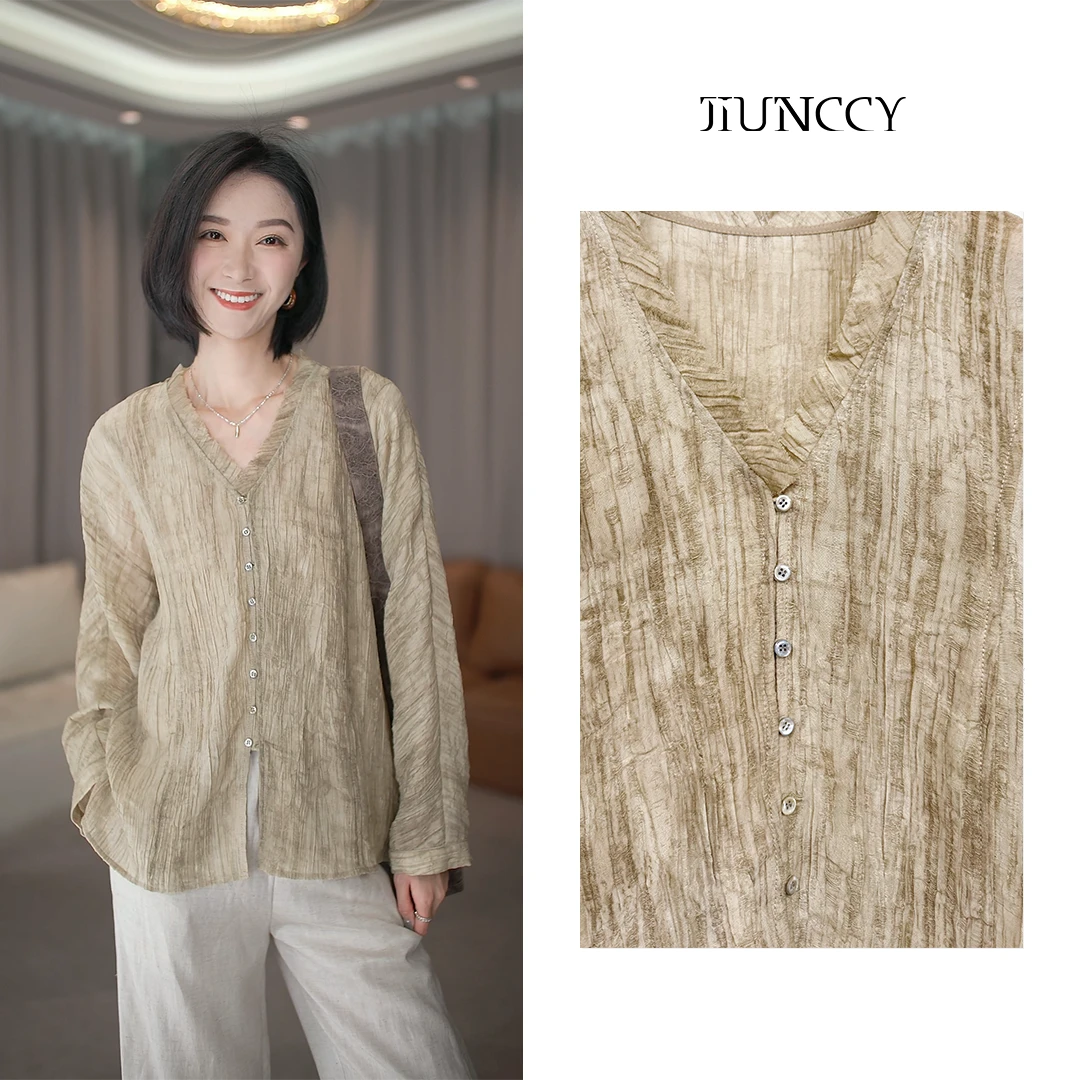 JIUNCCY【绿萍】天丝混纺晕染肌理感木耳边V领开衫衬衣52YCY038