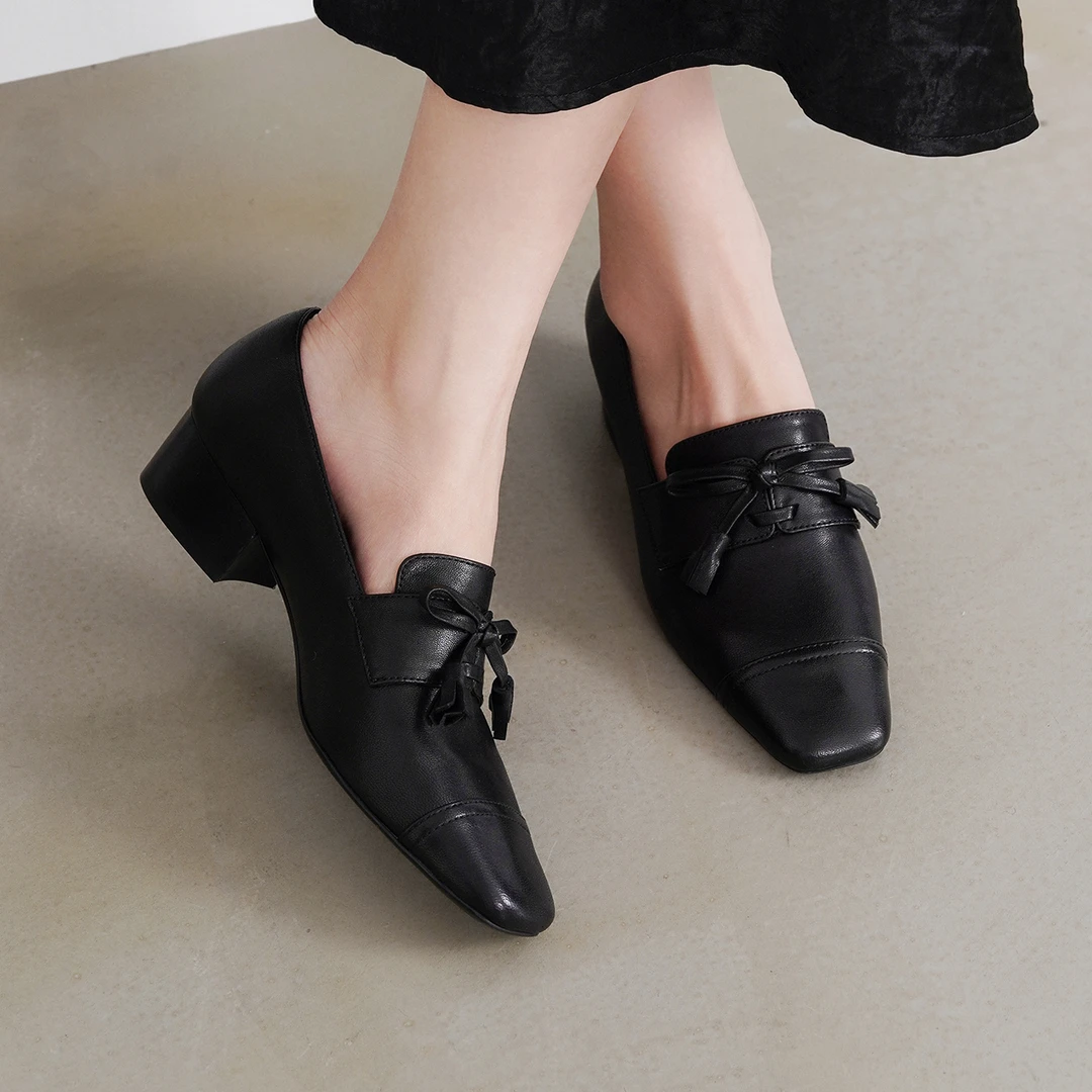 舒适百搭气质植鞣小牛皮乐福鞋女新款方头粗跟蝴蝶结玛丽珍单鞋潮