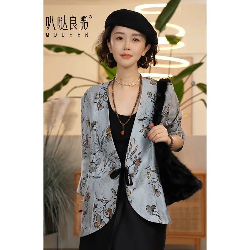 Y【叭哒不惑】桔梗园 夏季休闲复古舒适印花抽绳薄款外套百搭上衣