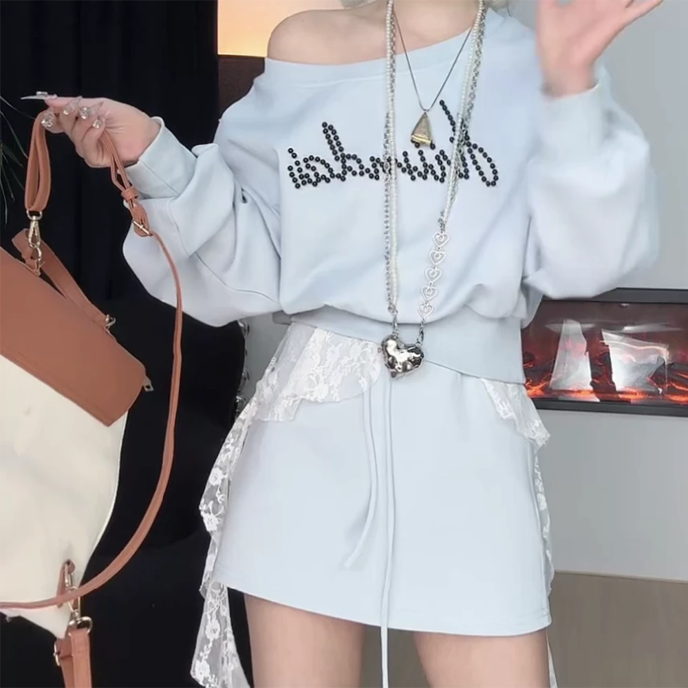 【心动讯号】白月光显瘦休闲露肩钉珠撞色卫衣半身裙套装两件套