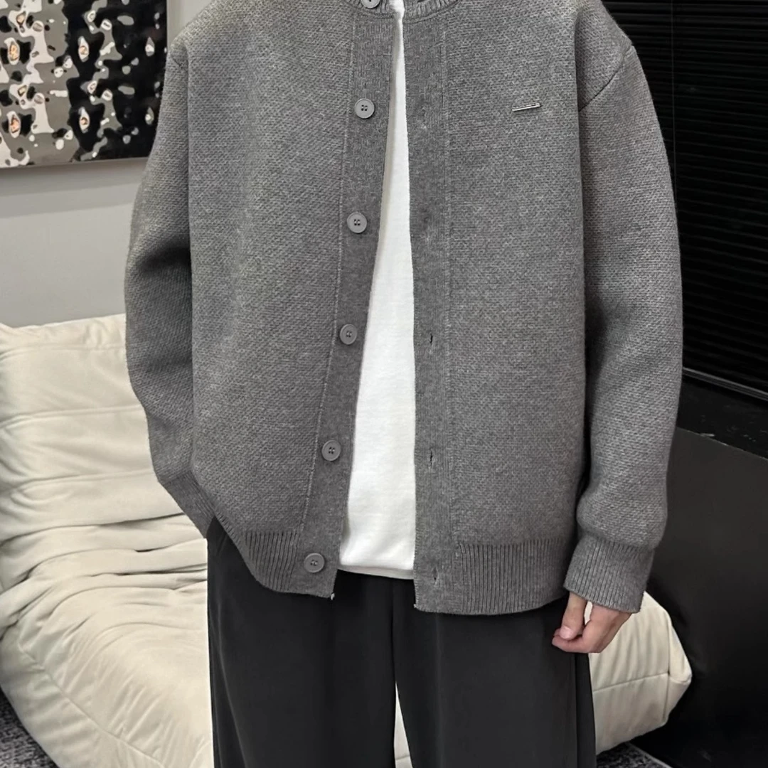 秋冬新款棒球领粗针开衫纯色宽松休闲慵懒感毛衣外套男女同款