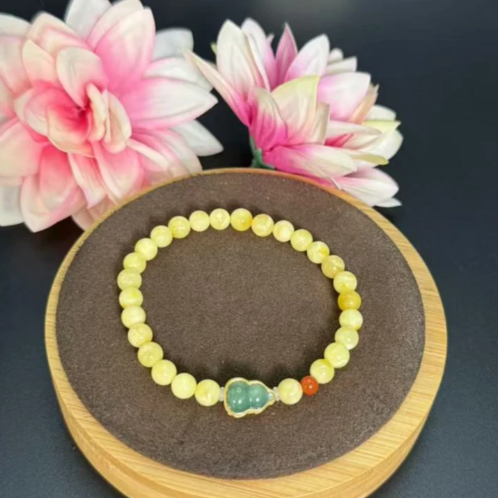 9258天然珠宝翡翠葫芦白花蜡蜜蜡南红精致款百搭简约单圈手串5-6m