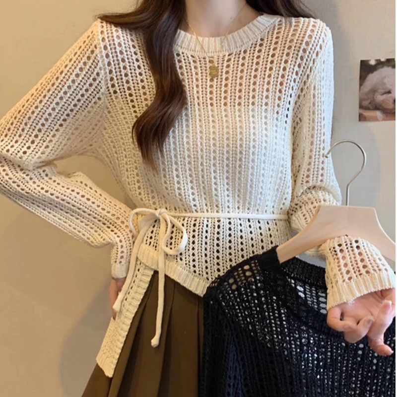 不规则设计感系带上衣镂空长袖针织衫女春夏薄款收腰显瘦防晒罩衫
