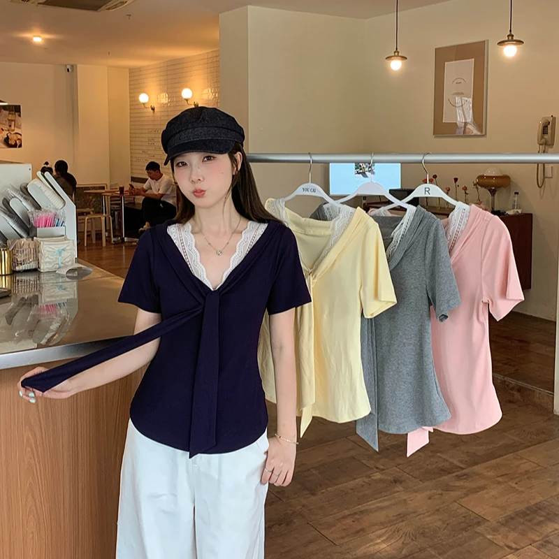 夏装新款胖mm大码女时尚拼接蕾丝花边v领披肩短袖T恤上衣A1811