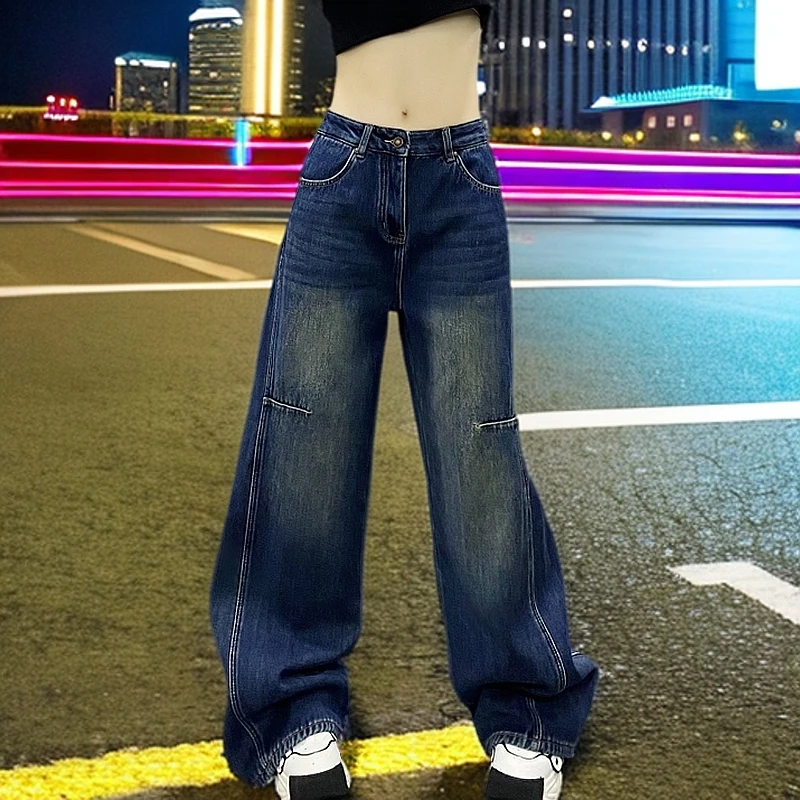 2025春季新款复古个性侧边拼接蓝色牛仔裤女宽松垂感直筒阔腿长裤