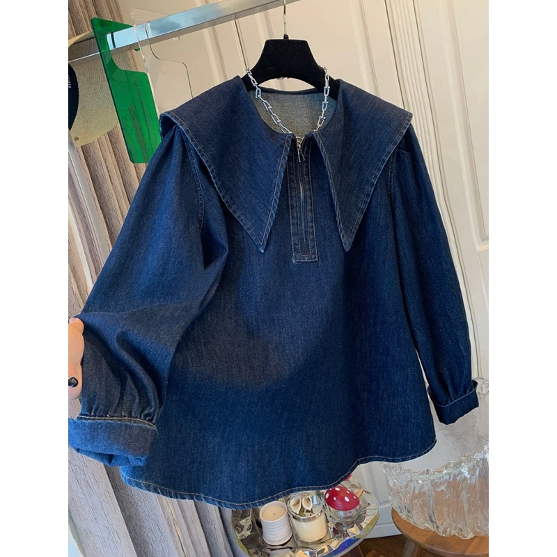 2025春季新款独特超好看减龄大翻领娃娃领长袖牛仔衬衫宽松上衣女