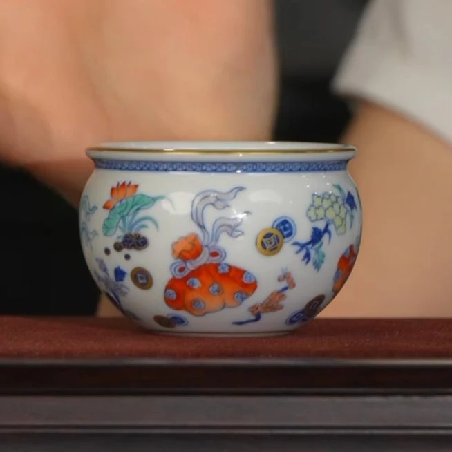 【墨舍名窑】涂杏花斗彩描金钱袋子杯 TXH117