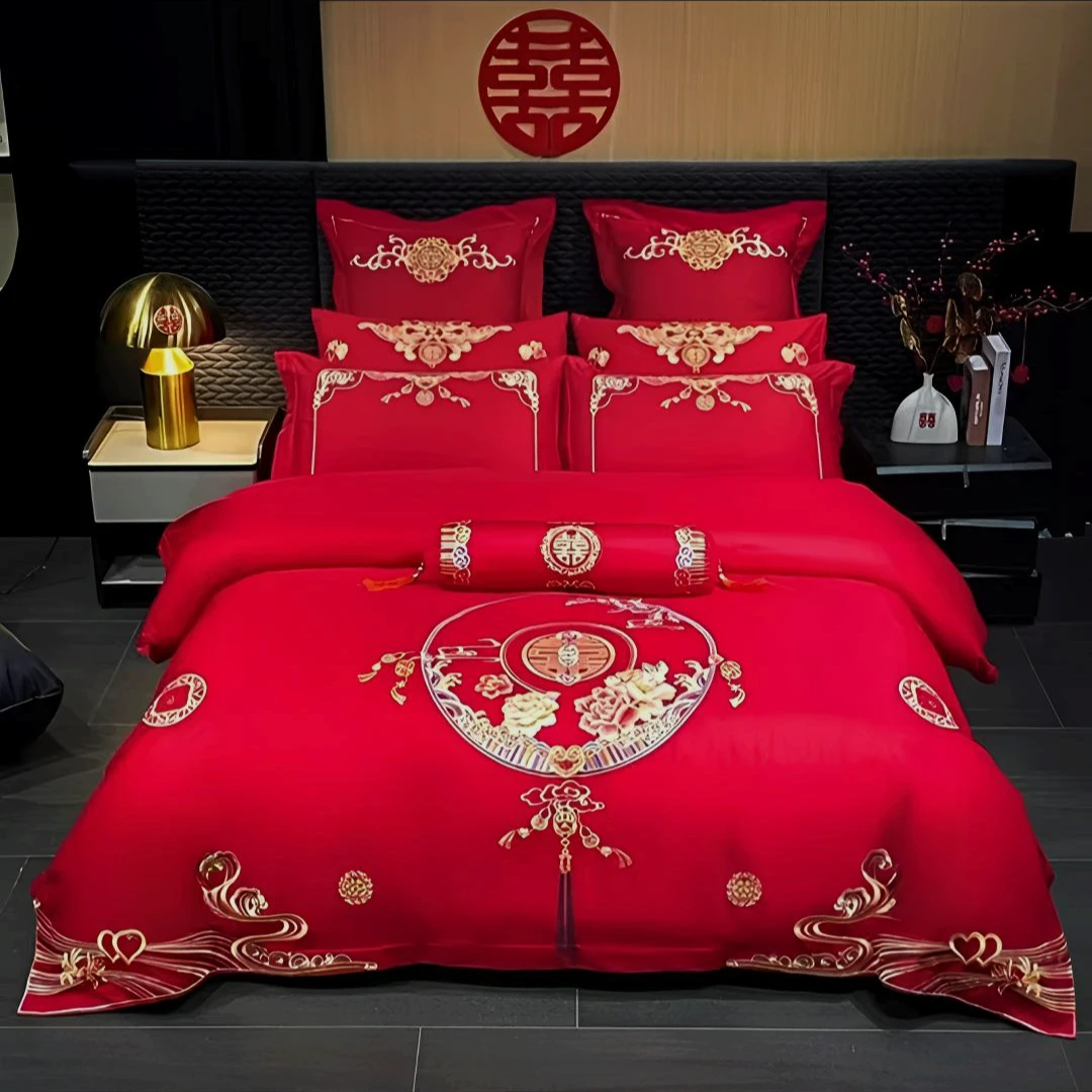 【情意绵绵】100%棉高密全棉长绒棉婚庆刺绣四件套喜庆大红色四件套
