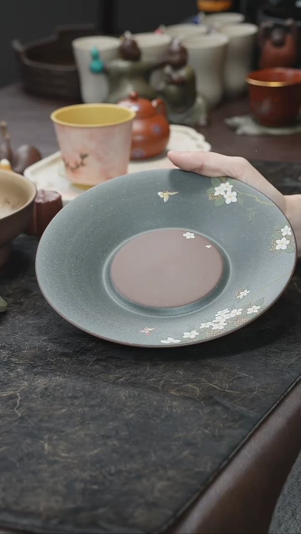 九隐茶器双色粉浆雪花绿泥紫砂壶承