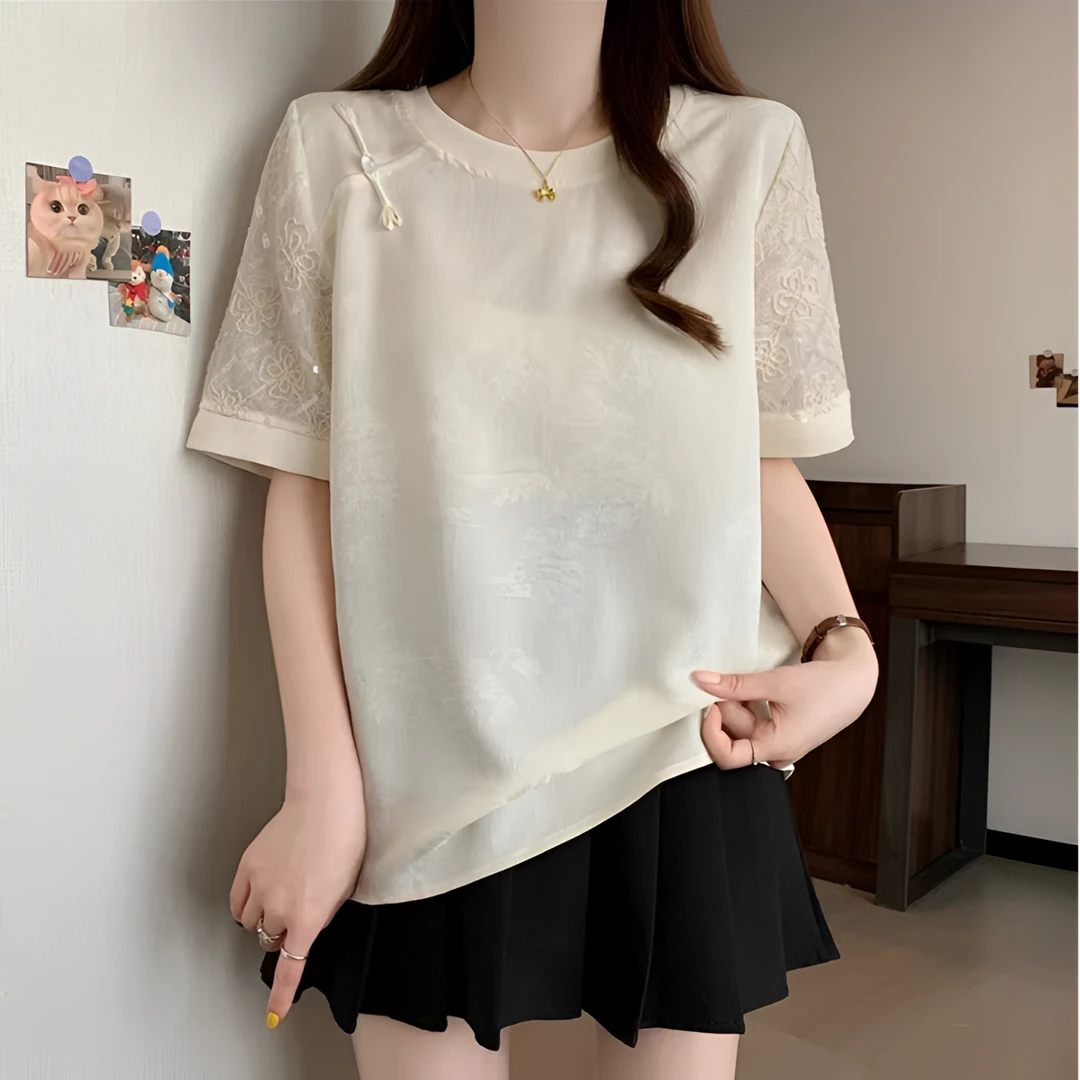 【星语】大码新中式国风设计刺绣亮片宽松显瘦T恤2025夏季新款女装