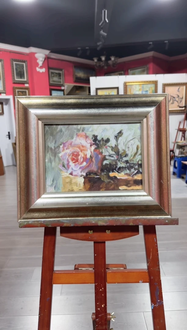 油画俄罗斯美术家协会成员《玫瑰静物》45x39带外框收藏证书