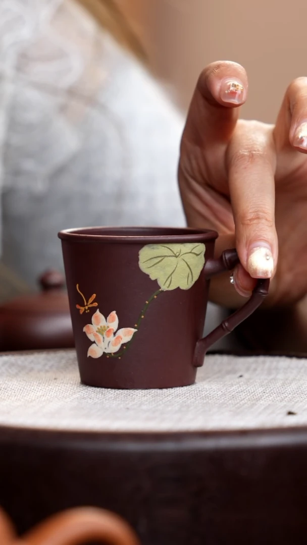 【闪购商品】紫砂茶壶紫泥竹节手把杯荷花