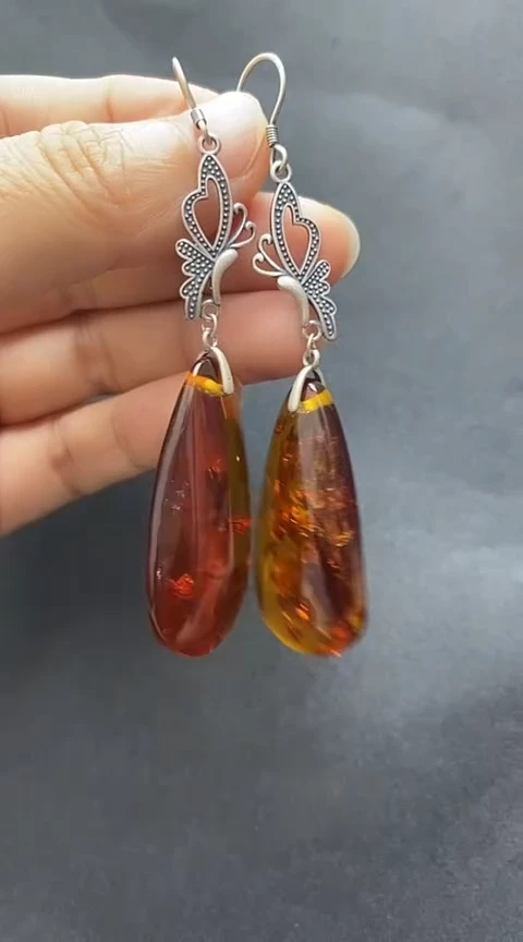 银S925镶嵌琥珀裸石花珀耳坠