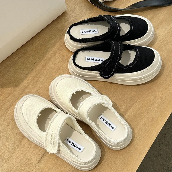 诗歌兰女鞋百搭厚底魔术贴帆布包头拖鞋