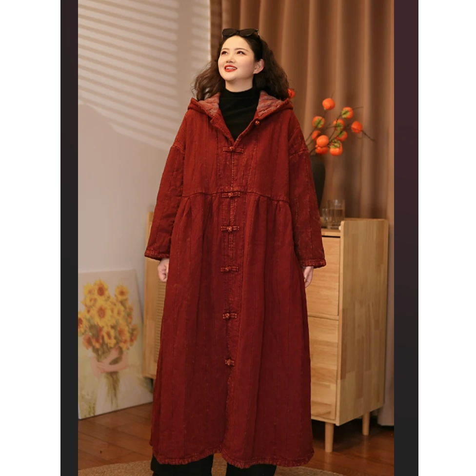 亚麻炒色棉服腰线捏褶【写生与麻】冬季新款长款复古中长款国风棉袄