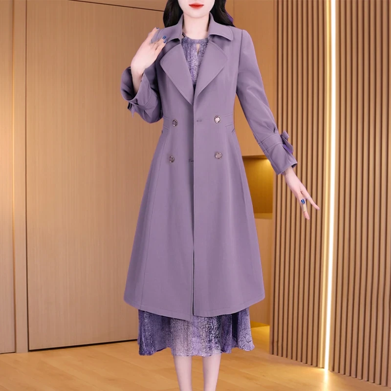 拉夏贝尔杭州意法风衣外套女2025新款爆款洋气春秋中长款紫色大衣