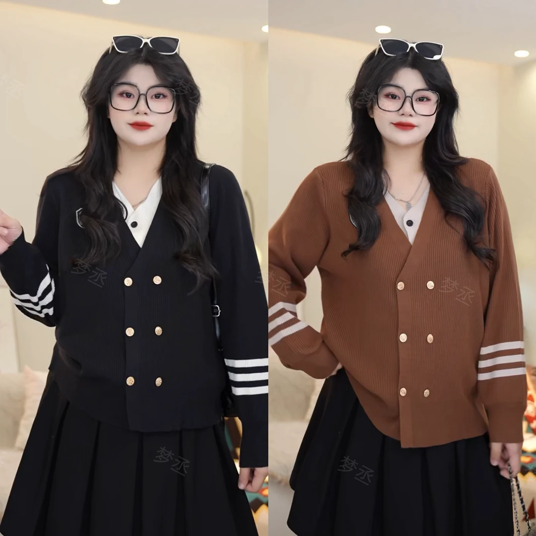 梦丞-冬季大码女装V领假两件设计感显瘦减龄气质百搭长袖针织衫