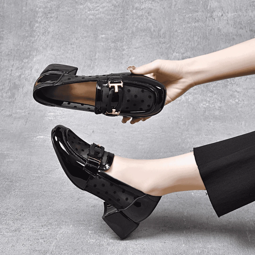 漆皮网纱乐福鞋真皮方头粗跟女鞋百搭中跟镂空网鞋女网面深口单鞋