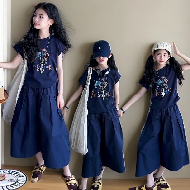 女童套装夏季2025新款网红高级中大童儿童超洋气短袖裙裤两件套潮